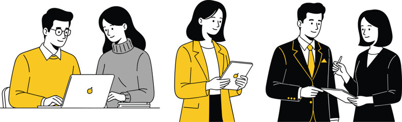 Set of business people collaboration scenes, working on laptop and tablet, corporate team discussion, minimal flat vector illustration.