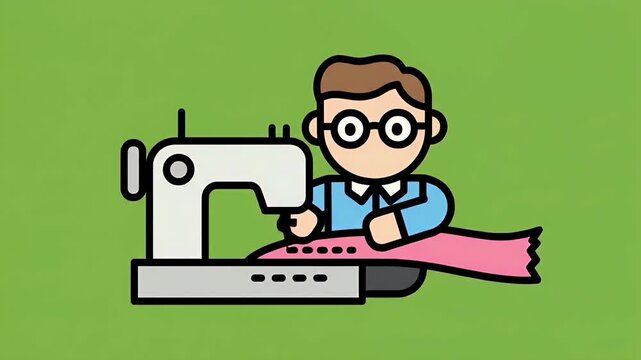 Animated icon of a person using a sewing machine for tailoring and dressmaking