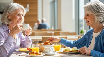 Two senior women enjoying breakfast in restaurant, having conversation and happy moment together. Healthy eating and friendship concept for retirement.