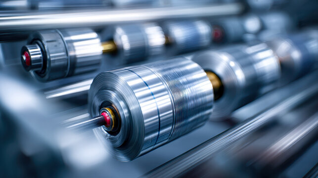 Industrial metal rollers spinning at high speed in a precision manufacturing process with sleek steel cylinders and dynamic motion blur effects
