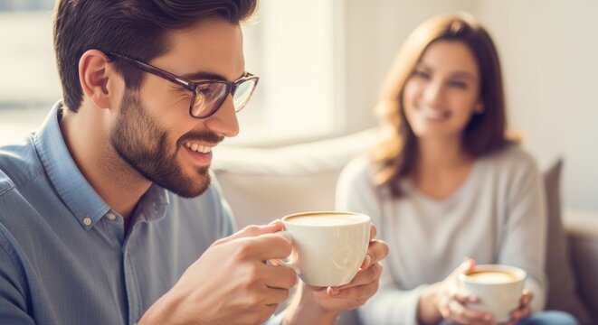 Man with glasses holding coffee cup and smiling while woman smiles in background. Happy couple enjoying morning warm drink together.