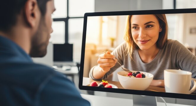 Man on a video call with a smiling woman eating breakfast. Online communication. Long distance relationship concept for modern living.