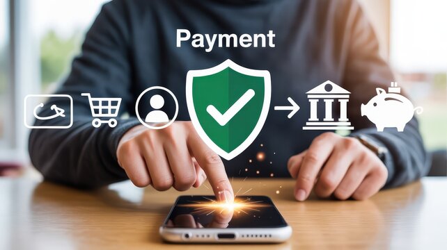 Person interacts with mobile phone displaying secure digital transaction process icons above the device