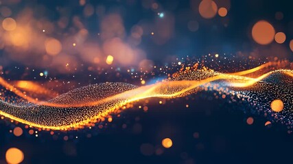 Dreamlike abstract techno spark and glowing particles forming a shimmering golden wave across a dark blue background, evoking digital data flow, futuristic energy, and innovation - Powered by Adobe