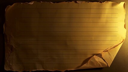 Vintage parchment sheet with ruled lines, worn edges, aged paper texture featuring creases, stains, frayed borders, antique writing backdrop for creative projects - Powered by Adobe