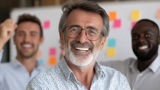 A diverse group of professionals is engaged in a lively brainstorming session surrounded by vibrant sticky notes on a whiteboard. Their enthusiasm reflects collaboration and creativity - Powered by Adobe