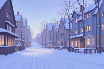 Fototapeta premium Dreamy winter landscape of a suburban street with pastel colored houses covered in white snow during a quiet and peaceful evening.