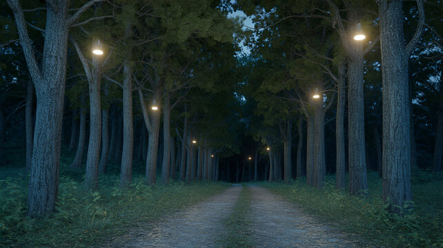 Enchanted forest path at night with glowing lanterns on trees - Powered by Adobe