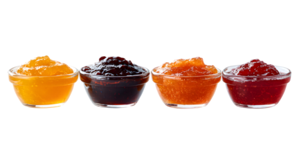 Assorted fruit jams in glass bowls on a black background tasty breakfast