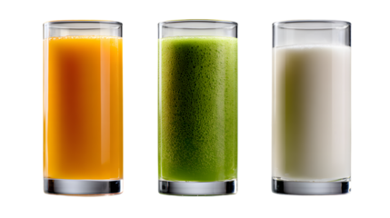 Variety of healthy drinks in glasses with natural orange green and white colors