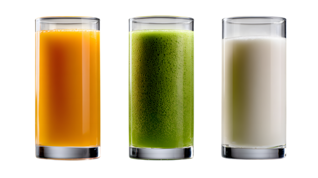 Variety of healthy drinks in glasses with natural orange green and white colors