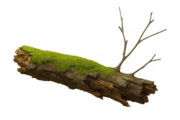 Fallen log on transparent background showing decaying wood, moss covering bark, and dry branches