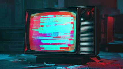 Retro television displaying vivid glitch art and neon static in a moody studio setup, capturing vintage electronics aesthetics and a cinematic mood for creative projects - Powered by Adobe