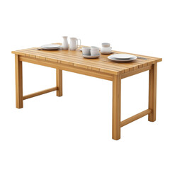 Wooden Table Setting: A close-up shot of a wooden table elegantly set for dining, featuring pristine plates, cups, and a jug, ideal for a refined meal or casual gathering.