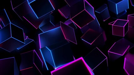 Abstract composition of neon cubes in blue and magenta, geometric 3D shapes form a futuristic digital background ideal for technology, innovation, science, and branding visuals - Powered by Adobe