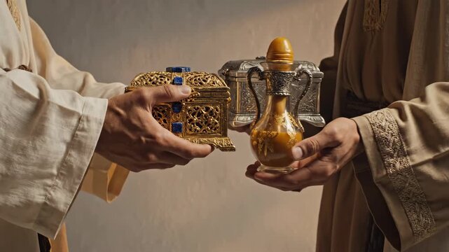 Man receiving wise men gifts. Christian scene, biblical event for religious story background.