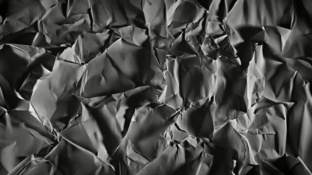 Close up of a crumpled grayscale paper texture with intricate folds and shadows, presenting a versatile background for graphic design, packaging mockups, and editorial layouts
