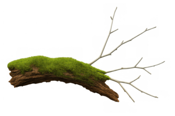 Moss growing on a decaying branch with bare twigs, showing nature, environment, and forest elements on a transparent background