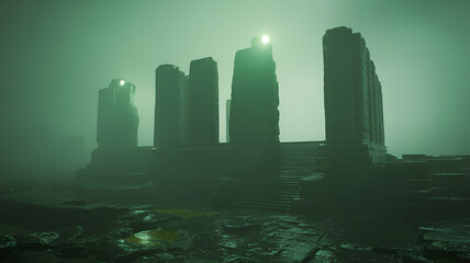Ancient ruins shrouded in eerie green fog with glowing lights