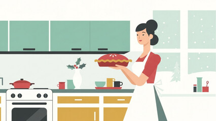Woman holding freshly baked pie in cozy kitchen during winter season, showcasing holiday baking and domestic warmth.