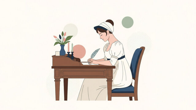 Woman in regency dress writing letter at wooden desk with quill and ink in bright room, capturing a sense of nostalgia and historical charm.