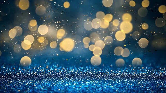 Dreamy blue glitter and bokeh light background with shimmering gold on a textured surface, ideal for festive celebrations, party invitations, greeting cards, and digital design