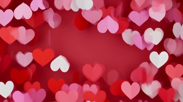 Many colorful paper hearts on a deep red background