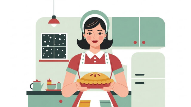 Smiling woman holding freshly baked pie in cozy kitchen, showcasing her culinary skills with a warm and inviting atmosphere.