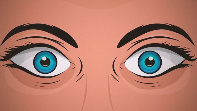 Comic Woman Eyes Watching Background Loop/ Animation of a cartoon comic background made up of a woman face and her eyes watching with fright and fear expression with pupil and eyebrows motion