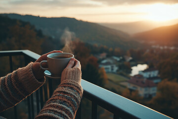 A person enjoying a cup of coffee on a balcony overlooking a scenic view, morning routine