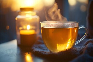 A warm cup of herbal tea with steam rising, next to a lit candle, cozy relaxation