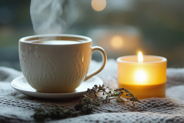 A warm cup of herbal tea with steam rising, next to a lit candle, cozy relaxation