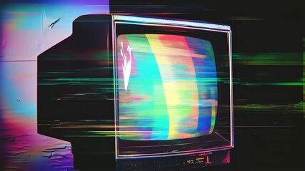 Retro television screen displaying multicolor color bars with glitch lines, neon reflections, and vintage analog tech aesthetics for creative media projects and visual storytelling