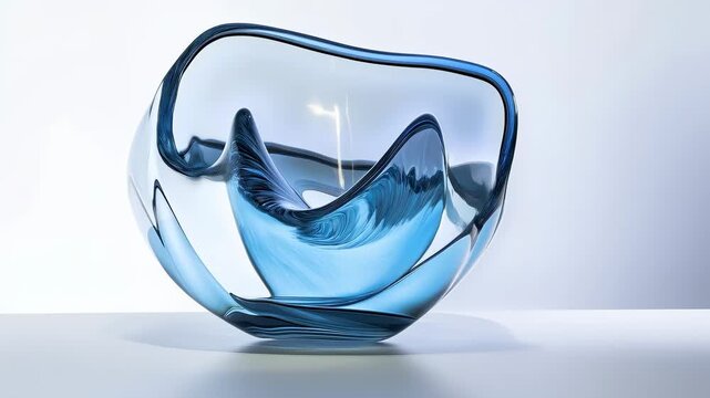 Elegant abstract blue glass sculpture resting on a clean white surface, contemporary art centerpiece with flowing curved shapes and smooth reflective surfaces for modern interiors