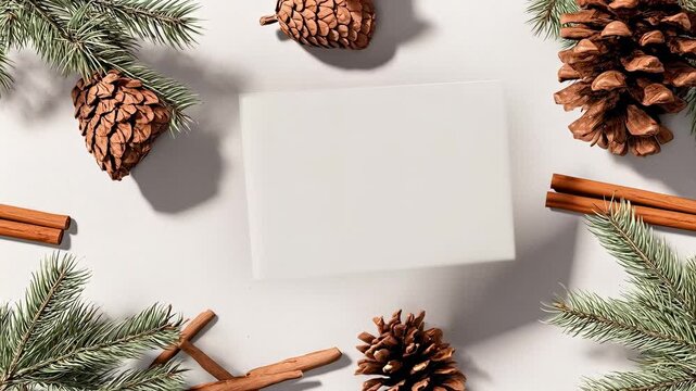 Festive holiday flat lay with a blank greeting card surrounded by pinecones, evergreen branch, and cinnamon stick on a neutral backdrop for seasonal branding and personalized notes