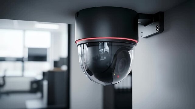 A sleek, modern dome security camera with a prominent red indicator light is strategically mounted in an indoor contemporary setting, likely a commercial or office space. The advanced digital monitori