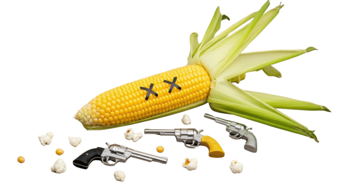 Conceptual image of a dead ear of corn killed by revolvers surrounded by popcorn kernels. isolated PNG with Transparent Background