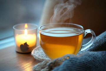 A warm cup of herbal tea with steam rising, next to a lit candle, cozy relaxation