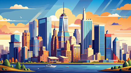 Very beautiful panoramic view of Lower Manhattan from the south, highlighting the towering skyscrapers, waterfront, and bustling cityscape under a clear sky, capturing the dynamic energy of New York 