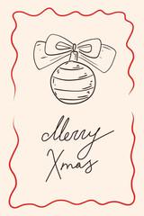 Whimsical Christmas card. Ink sketch poster with Christmas decoration. Retro coquette style. Vector illustration.