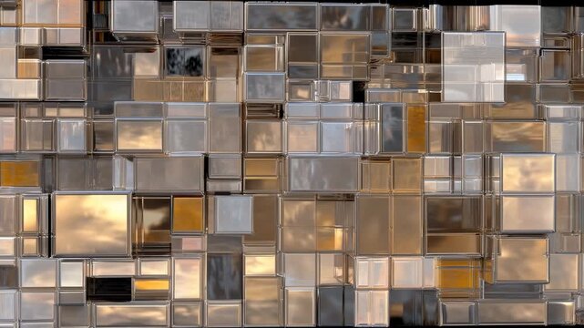 Abstract mosaic of reflective metallic cubes forming a modular surface with chrome, silver, and gold tones, showcasing geometry and light reflections in industrial modern design