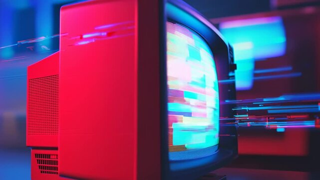 Vintage CRT television screen displaying vibrant glitch effects and streaming neon data in a futuristic cyberpunk studio, capturing retro tech aesthetics and digital intensity - Powered by Adobe