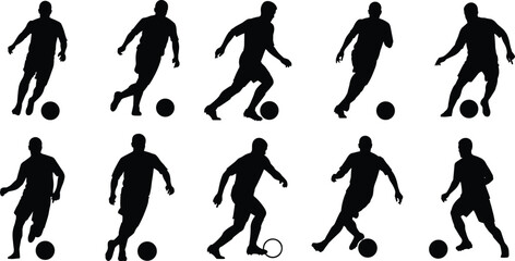 Soccer player silhouette collection showing running, dribbling, kicking and ball control action poses for sports training, athletic movement illustrations and football design projects