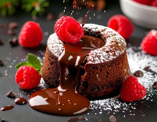 Ein köstlicher Schokoladenkuchen mit flüssigem Kern und reichhaltiger Soße . Mit Himbeeren dekoriert.