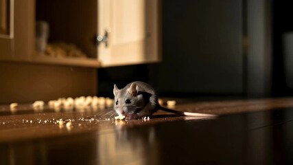 A small, gray rodent meticulously nibbles on food crumbs scattered across a dimly lit wooden floor, illuminated by a subtle beam of light. The creature holds a morsel in its tiny paws, showcasing its 