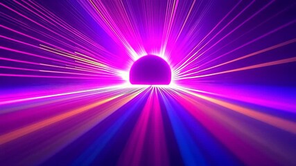 Abstract neon tunnel of radiant pink and purple light rays converging toward a dark horizon, a futuristic digital artwork ideal for technology branding and dynamic visuals