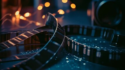 Cinematic film strips curl across a glittering blue studio surface beneath warm bokeh lights, capturing motion, texture, and the craft of film production and editing in a setting