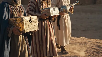 Three wise men journeying with gold, frankincense, and myrrh in a dusty desert setting for a biblical story concept.