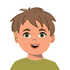Cartoon portrait of boy wearing a hearing aid. Kawaii vector illustration
