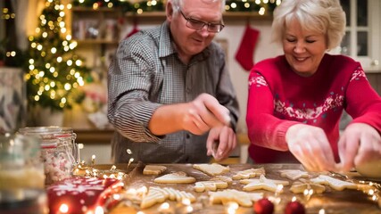 Elderly couple baking holiday cookies together in a cozy kitchen, decorating treats on a festive counter with warm string lights, red sweater, and cheerful smiles - Powered by Adobe